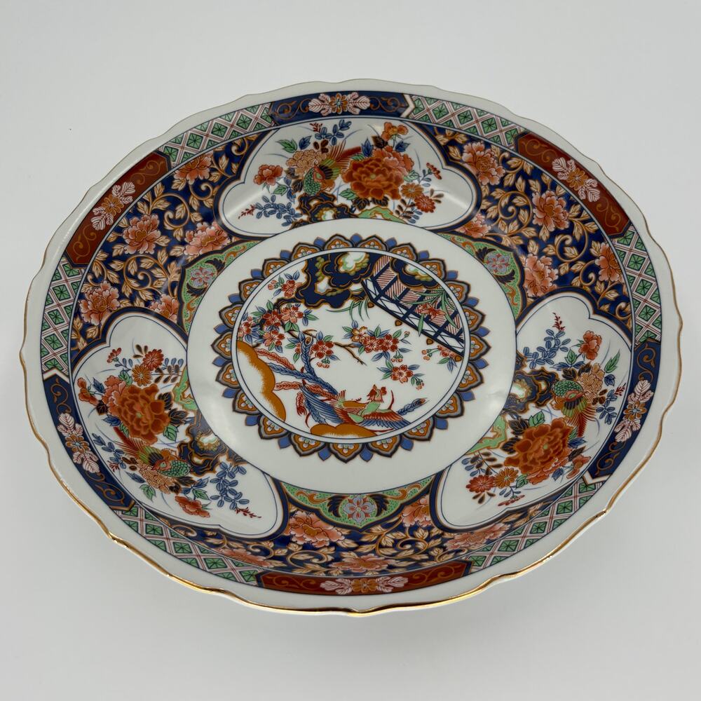 Vintage Jingdezhen Zhi Qi Decal Porcelain Display Bowl Scalloped 12"
